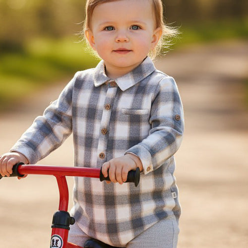Me & Henry - Grey, White & Sand Plaid Onesie