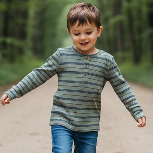 Me & Henry - Sage & Navy Stripe Ribbed Henley