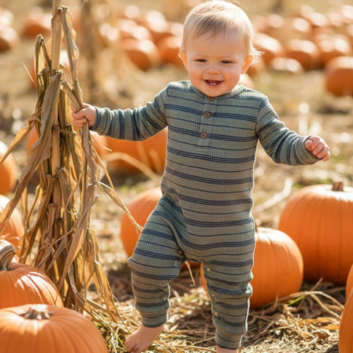 Me & Henry - Sage & Navy Ribbed Henley Romper