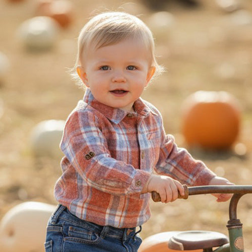 Me & Henry - Pumpkin Orange & Blue Washed Plaid Onesie