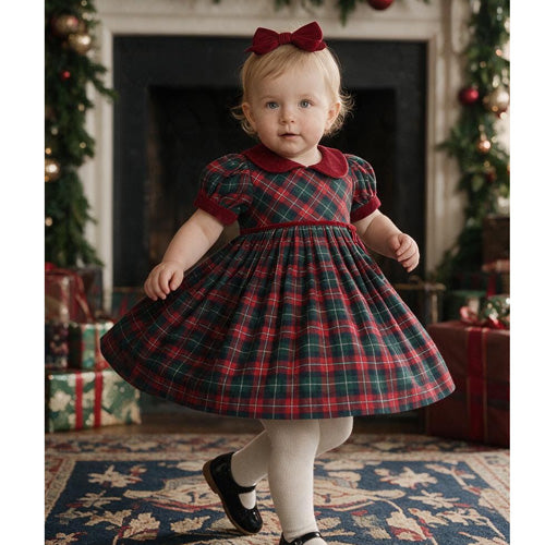 Cotton Kids - Red Plaid Velvet Collar Dress