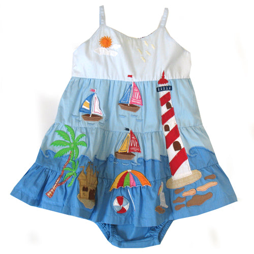 Cotton Kids Blue Tiered Beach Dress & Bloomers - SPECIAL ORDER